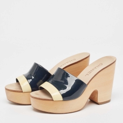 Pre Owned Chanel Two Tone Patent Leather Open Toe Platform Slide Sandals Size 38