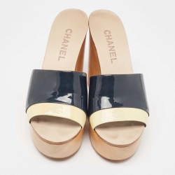 Pre Owned Chanel Two Tone Patent Leather Open Toe Platform Slide Sandals Size 38