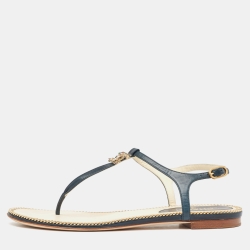 Pre Owned Chanel Dark Teal Leather CC Thong Flat Sandals Size 39