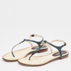 Pre Owned Chanel Dark Teal Leather CC Thong Flat Sandals Size 39