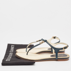 Pre Owned Chanel Dark Teal Leather CC Thong Flat Sandals Size 39