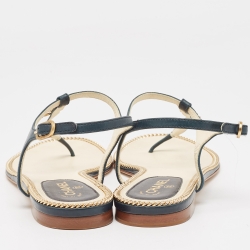 Pre Owned Chanel Dark Teal Leather CC Thong Flat Sandals Size 39