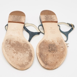 Pre Owned Chanel Dark Teal Leather CC Thong Flat Sandals Size 39