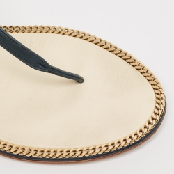 Pre Owned Chanel Dark Teal Leather CC Thong Flat Sandals Size 39