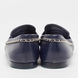 Pre Owned Chanel Navy Blue Leather CC Chain Link Detail Loafers Size 39