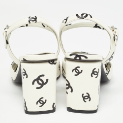 Pre Owned Chanel White Cream/Black Leather Ankle Strap Sandals Size 38.5
