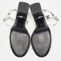 Pre Owned Chanel White Cream/Black Leather Ankle Strap Sandals Size 38.5
