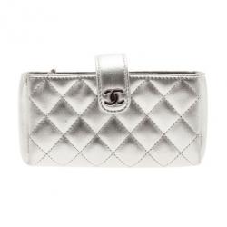 Pre Owned Chanel Silver Leather Quilted Smart Clutch