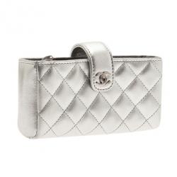 Pre Owned Chanel Silver Leather Quilted Smart Clutch