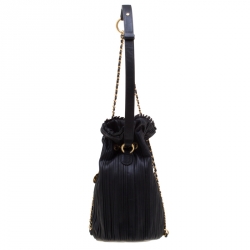 Pre Owned Chanel Black Pleats Leather CC Drawstring Backpack