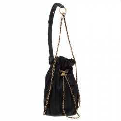 Pre Owned Chanel Black Pleats Leather CC Drawstring Backpack