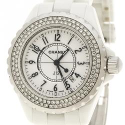 Chanel White Ceramic Stainless Steel Diamond J12 Women's Wristwatch 33 mm