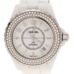 Pre Owned Chanel White Ceramic Stainless Steel Diamond J12 Women's Wristwatch 38 mm
