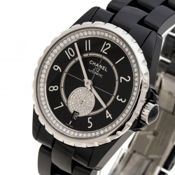 Chanel Black Ceramic and Stainless Steel Diamonds J12-365 H3840 Women's Wristwatch 36 mm