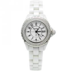Pre Owned Chanel White Ceramic J12 Diamond Bezel Women's Watch 33MM