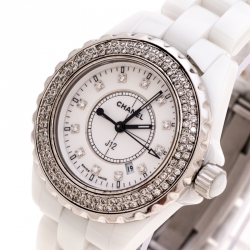 Pre Owned Chanel White Stainless Steel Ceramic Diamonds J12 Women's Wristwatch 33 mm
