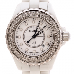 Pre Owned Chanel White Stainless Steel Ceramic Diamonds J12 Women's Wristwatch 33 mm