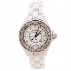 Pre Owned Chanel White Stainless Steel Ceramic Diamonds J12 Women's Wristwatch 33 mm