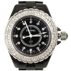 Pre Owned Chanel J 12 SS Ceramic Diamond Bezel Womens Wristwatch 33 MM