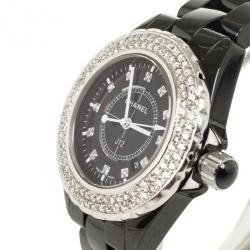 Pre Owned Chanel J 12 SS Ceramic Diamond Bezel Womens Wristwatch 33 MM