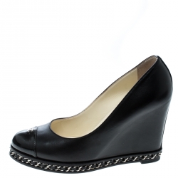 Chanel Black Leather Chain Cap Toe Wedge Pumps Size 37
