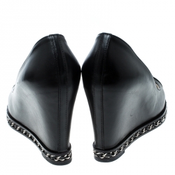 Chanel Black Leather Chain Cap Toe Wedge Pumps Size 37