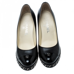 Chanel Black Leather Chain Cap Toe Wedge Pumps Size 37