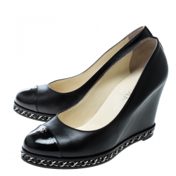 Chanel Black Leather Chain Cap Toe Wedge Pumps Size 37