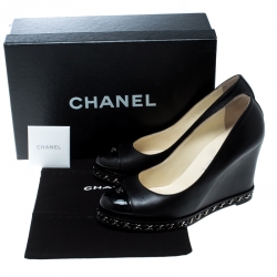 Chanel Black Leather Chain Cap Toe Wedge Pumps Size 37