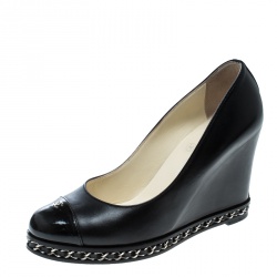 Chanel Black Leather Chain Cap Toe Wedge Pumps Size 37