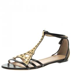 Charlotte Olympia Black and Gold Leather Parisienne Flat Sandals Size 39