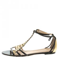Charlotte Olympia Black and Gold Leather Parisienne Flat Sandals Size 39