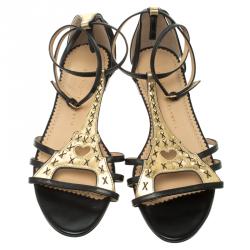 Charlotte Olympia Black and Gold Leather Parisienne Flat Sandals Size 39