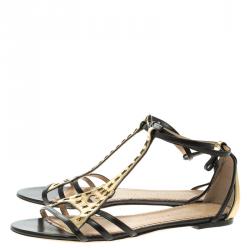 Charlotte Olympia Black and Gold Leather Parisienne Flat Sandals Size 39