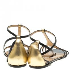 Charlotte Olympia Black and Gold Leather Parisienne Flat Sandals Size 39