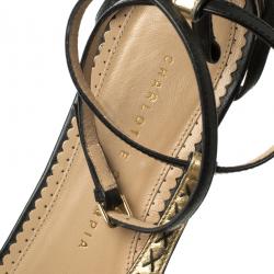 Charlotte Olympia Black and Gold Leather Parisienne Flat Sandals Size 39