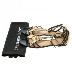 Charlotte Olympia Black and Gold Leather Parisienne Flat Sandals Size 39