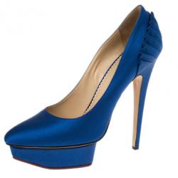 Pre Owned Charlotte Olympia Blue Paloma Fan-pleat Satin Pumps Size 41