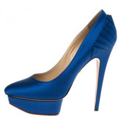 Pre Owned Charlotte Olympia Blue Paloma Fan-pleat Satin Pumps Size 41