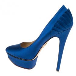 Pre Owned Charlotte Olympia Blue Paloma Fan-pleat Satin Pumps Size 41