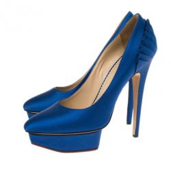 Pre Owned Charlotte Olympia Blue Paloma Fan-pleat Satin Pumps Size 41