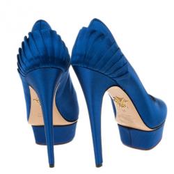 Pre Owned Charlotte Olympia Blue Paloma Fan-pleat Satin Pumps Size 41