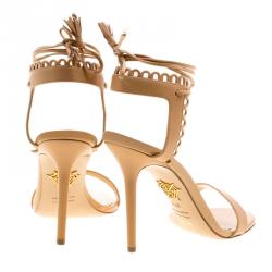 Charlotte Olympia Beige Scalloped Leather Salsa Ankle Tie Sandals Size 37.5