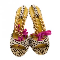 Pre Owned Charlotte Olympia Leopard Print Pony Hair Chain Ankle Strap Sandals Size 39.5