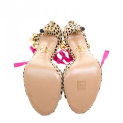Pre Owned Charlotte Olympia Leopard Print Pony Hair Chain Ankle Strap Sandals Size 39.5