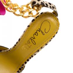 Pre Owned Charlotte Olympia Leopard Print Pony Hair Chain Ankle Strap Sandals Size 39.5