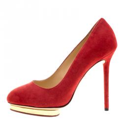 Pre Owned Charlotte Olympia Red Suede Dotty Platform Pumps Size 37.5