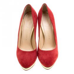 Pre Owned Charlotte Olympia Red Suede Dotty Platform Pumps Size 37.5
