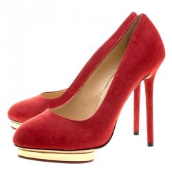Pre Owned Charlotte Olympia Red Suede Dotty Platform Pumps Size 37.5