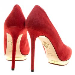 Pre Owned Charlotte Olympia Red Suede Dotty Platform Pumps Size 37.5